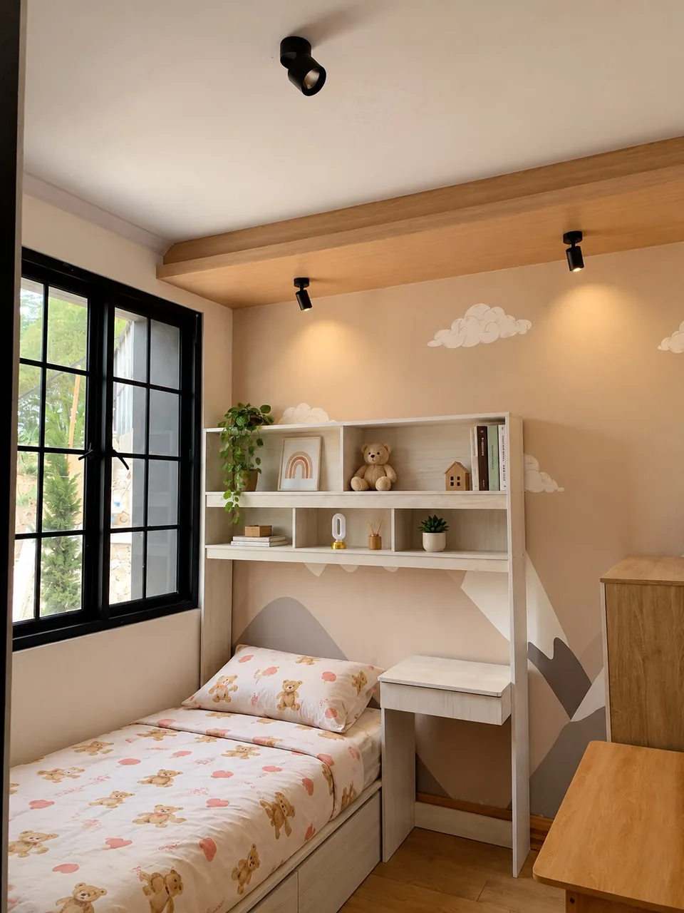 Kamar anak rumah contoh Sajiva dengan tempat tidur dan meja belajar