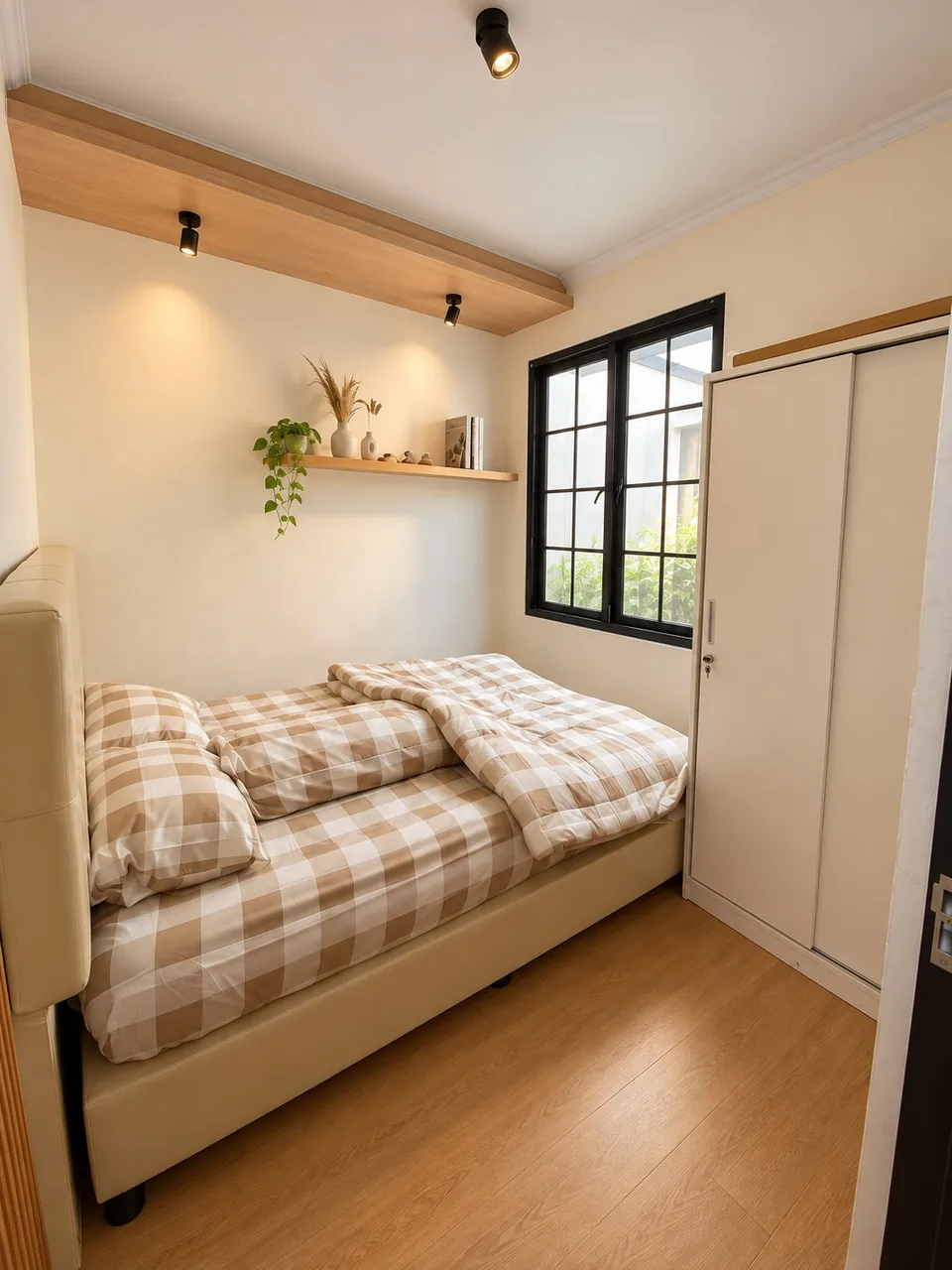 Kamar utama rumah contoh Sajiva dengan tempat tidur dan jendela